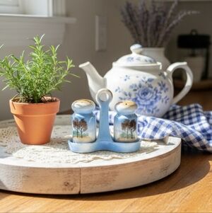 Vintage Hand Painted Blue Ceramic Salt & Pepper Shakers & Tray Made in Japan